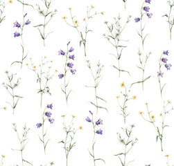 Watercolor floral seamless pattern in vintage rustic style, colored garden, hand painting print with meadow flowers, leaves and plants, design texture. Bluebell, buttercup, stellaria holostea.