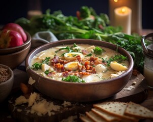 Zuppa Toscana in a rustic bowl surrounded by fresh ingredients like kale, onions, and bacon