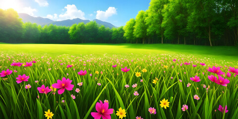 Spring landscape, blossoming field with green grass, yellow and purple flowers, blue sky with sun and clouds, mountains and forest. Nature illustration. Generative AI