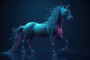 horse with blue and pink hues standing in a body of water