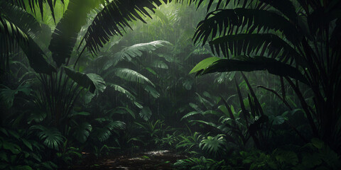 Naklejka na ściany i meble Jungle during heavy rain. Dark tropical forest with exotic plants, palm trees, big leaves and ferns. Scary thicket of the rainforest. Streams of water, wet green vegetation and ground. Generative AI