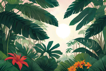 Jungle illustration. Painted beautiful tropical forest with exotic plants, palm trees, big leaves and ferns. Thicket of the rainforest. Nature drawing with green vegetation. Generative AI