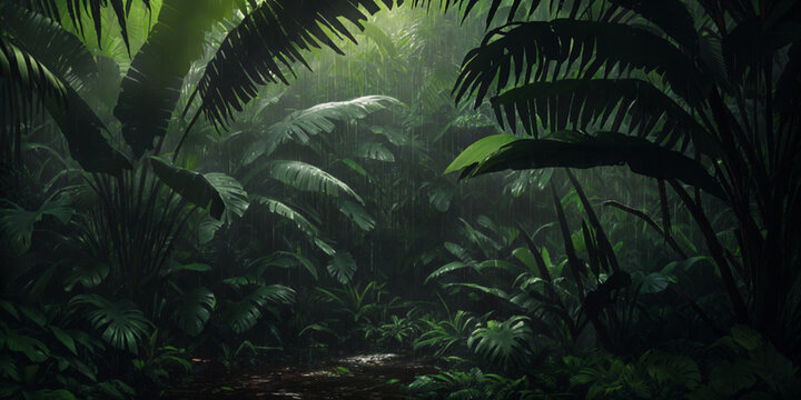 Jungle during heavy rain. Dark tropical forest with exotic plants, palm trees, big leaves and ferns. Scary thicket of the rainforest. Streams of water, wet green vegetation and ground. Generative AI