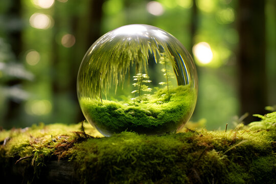 a glass ball placed on moss, in the style of global imagery, eco-friendly craftsmanship, terragen, light-focused