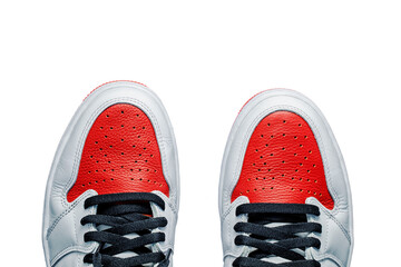 Sneaker shoes in red, white and black on top view on transparent background 