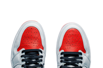 Sneaker shoes in red, white and black on top view on transparent background 