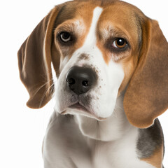 Cuddly and happy face looking at the camera, cute beagle dog portrait isolated on white background with ravishing hyper realistic detail by Generative AI.