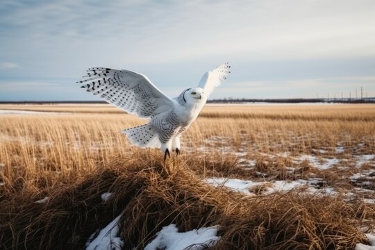 majestic snowy owl in flight over a winter landscape