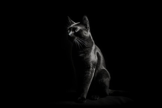 Black cat sitting on a dark stage illuminated by a beam of light, negative space