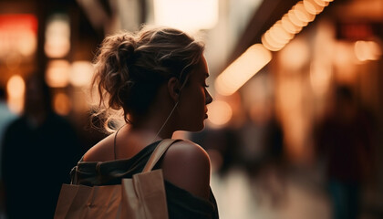 Fototapeta premium One fashionable woman walking outdoors, shopping with brown bag generated by AI