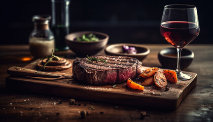 Grilled sirloin steak, cooked rare, with red wine refreshment generated by AI