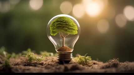 A lamp with a tree is an ecological concept of energy development, the concept of clean energy. Generative AI.