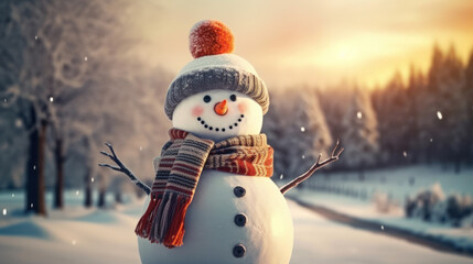 Adorable snowman wearing a stylish scarf and hat. Generative AI