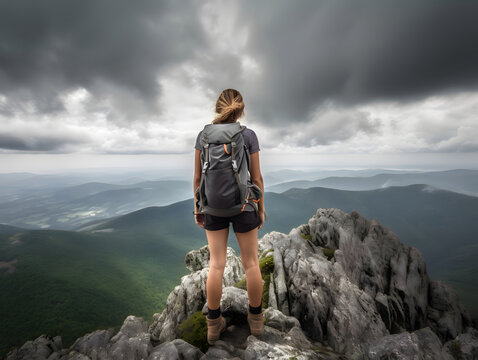 A woman hiker seen from back, on a top of a mountain -- Generative AI