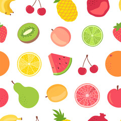 Fresh fruit seamless pattern. Summer fruits vector illustration repeat design. Vegan food half drop print for packaging, textile, fabric, wrapping paper. Simple fruit motifs bright background design.