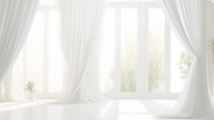 Obraz na płótnie Canvas Romantic Dreamy White Interior with Sunny Window and Curtains. AI generative. Bright Warm Tones, Bridal Mock Up.