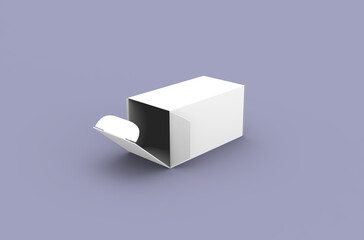 Small opened box packaging mockup for eye drops bottle advertising on clean background.