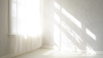 Minimalistic Empty Sunny White Interior with Empty Wall. AI generative. Bright Warm Tones, Advertising Mock Up.