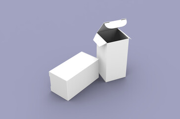 Small opened box packaging mockup for eye drops bottle advertising on clean background.