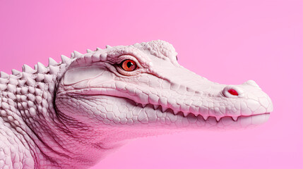 Alligator close-up on a pink background, tinted in pink colors. Generative AI.