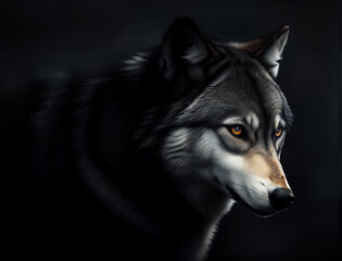 Portrait of adult wolf on dark background, generative ai. Hunter in the woods at midnight