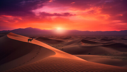 A solitary man hikes the majestic sand dunes at dawn generated by AI