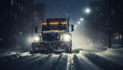 A snowplow truck clears the slippery, snowy road at night generated by AI