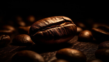 Dark roasted coffee bean, fresh and scented, perfect addiction fix generated by AI