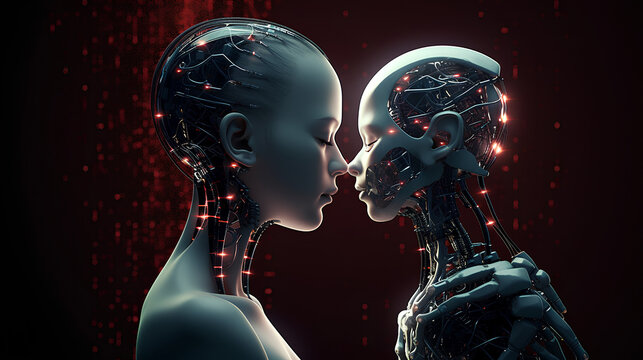 A robot with artificial intelligence is like the mother of a new race, holding a child in her arms. Generative AI.