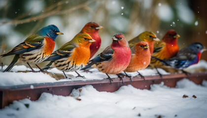 Fototapeta premium A small group of multi colored tits perching on a branch generated by AI