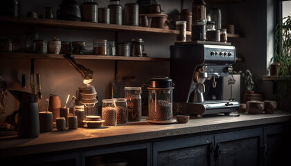 Fototapeta na wymiar Barista prepares fresh coffee using rustic equipment in domestic kitchen generated by AI