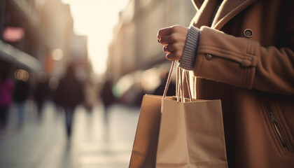 Naklejka premium A young woman carrying a shopping bag walks through the city generated by AI