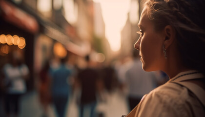 Fototapeta na wymiar Young adults enjoy city life, walking outdoors at dusk generated by AI