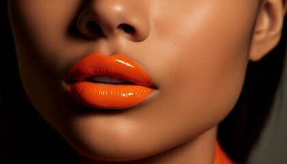 Fototapeta premium Fresh faced beauty with shiny lips and multi colored make up generated by AI