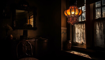 Fototapeta na wymiar The old fashioned lantern illuminated the ancient, rustic home interior generated by AI