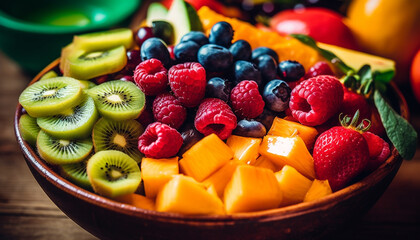 A colorful fruit salad bowl, a healthy summer gourmet dessert generated by AI