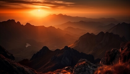 Majestic mountain peak back lit by sunset, a tranquil scene generated by AI