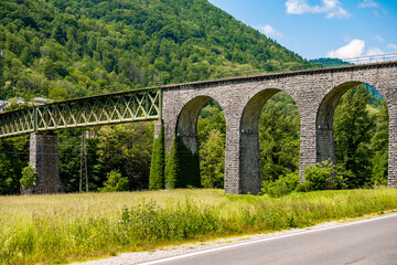Beautiful, old railway in Soca valley, Slovenia, in Tolmin regio with famous arcs in wonderful,...