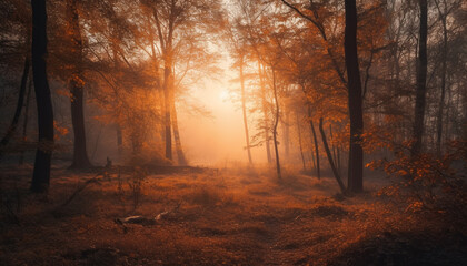 Fototapeta na wymiar A tranquil scene in the forest fog, autumn leaves, sunlight generated by AI