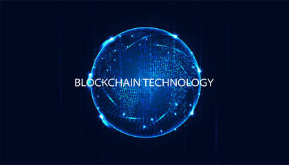 Abstract blockchain technology and globe concept. Modern blue background. advanced security better performance faster verification storage high tech technology