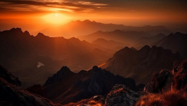 Majestic mountain peak back lit by sunset, a tranquil scene generated by AI © Stockgiu