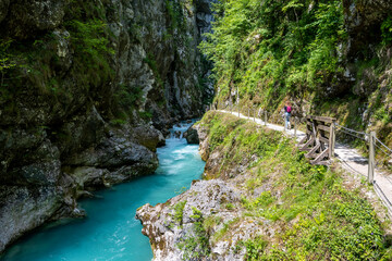 Steep rocky slopes of slovenian Alps, covered in dense forest, towering over beautiful Soca river...