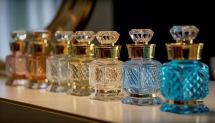Fototapeta na wymiar Luxury perfume collection in transparent bottles with shiny decoration generated by AI