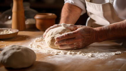 Close up de um par de mão amaciando uma massa de pão na cozinha