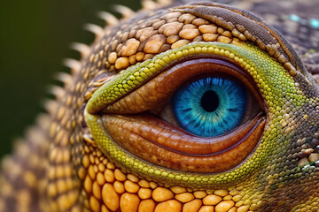Fototapeta premium Close-up lizard eye. Illustration with reptile among wild nature. Generative AI
