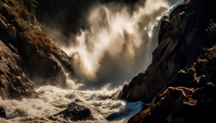 The majestic wave crashes against the rocky cliff, spraying spray generated by AI