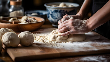 Fototapeta na wymiar Close up de um par de mão amaciando uma massa de pão na cozinha