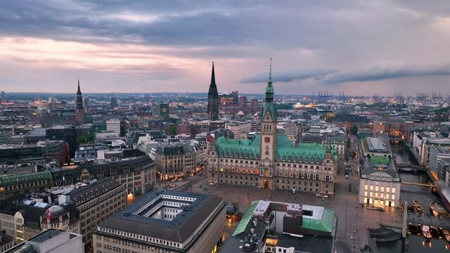 Aerial view over the Hamburg at sunset. drone flying over Alster lake. city skyline. Germany