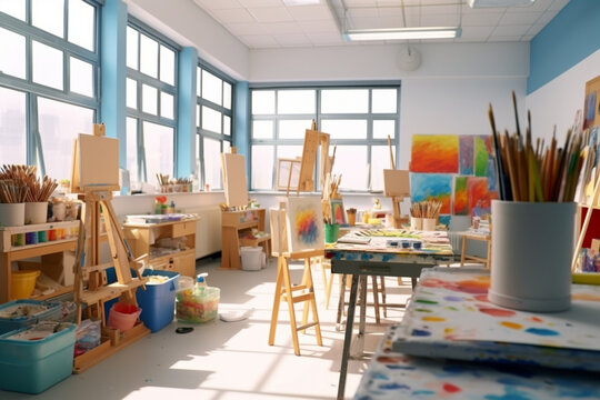 Art studio-style school classroom with easels, paint supplies, and artistic displays. Generative AI