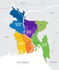 Map of the administrative division of Bangladesh into Regions and Divisions, detailed vector illustration